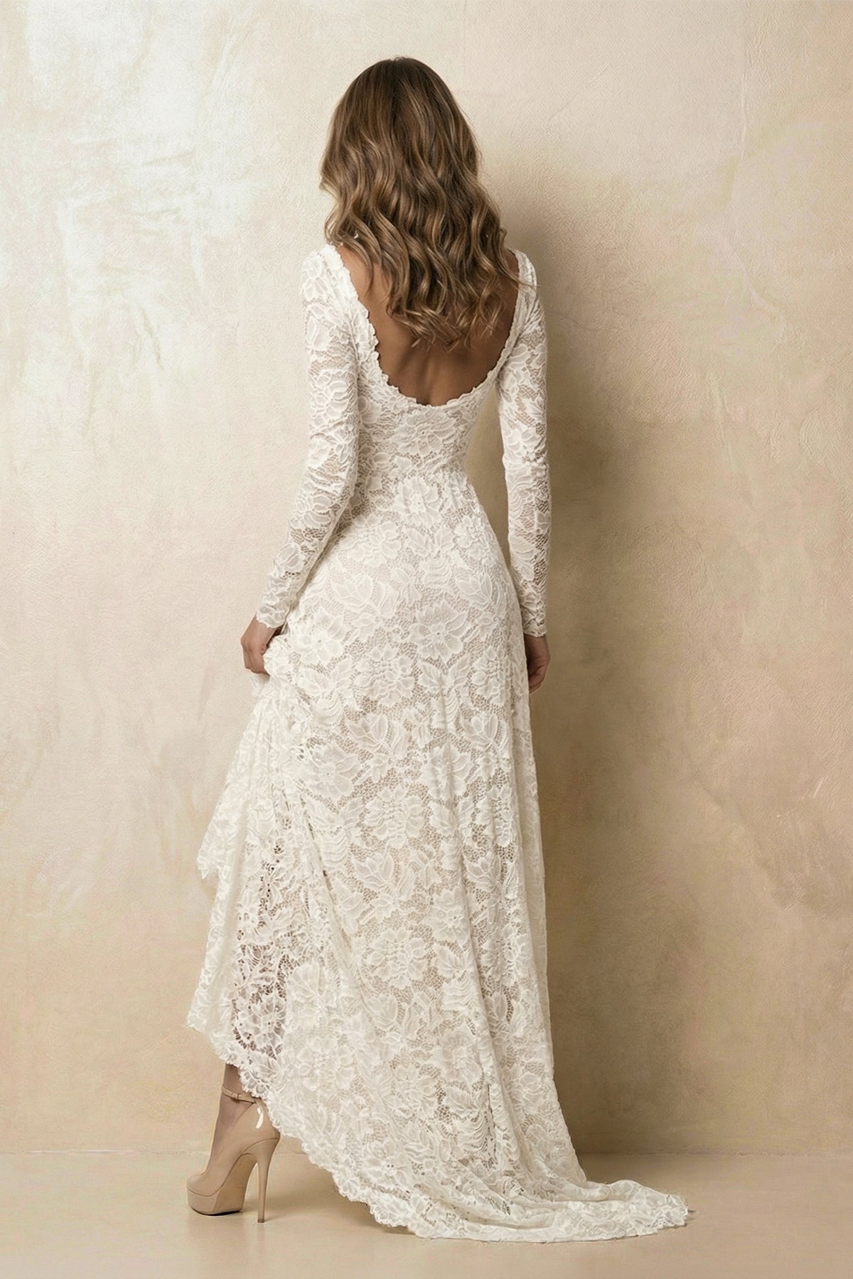 Vintage Floral Boho Lace Wedding Dress with Sleeves Modest Boat Neck L Vintage Floral Boho Lace Wedding Dress with Sleeves Modest Boat Neck L