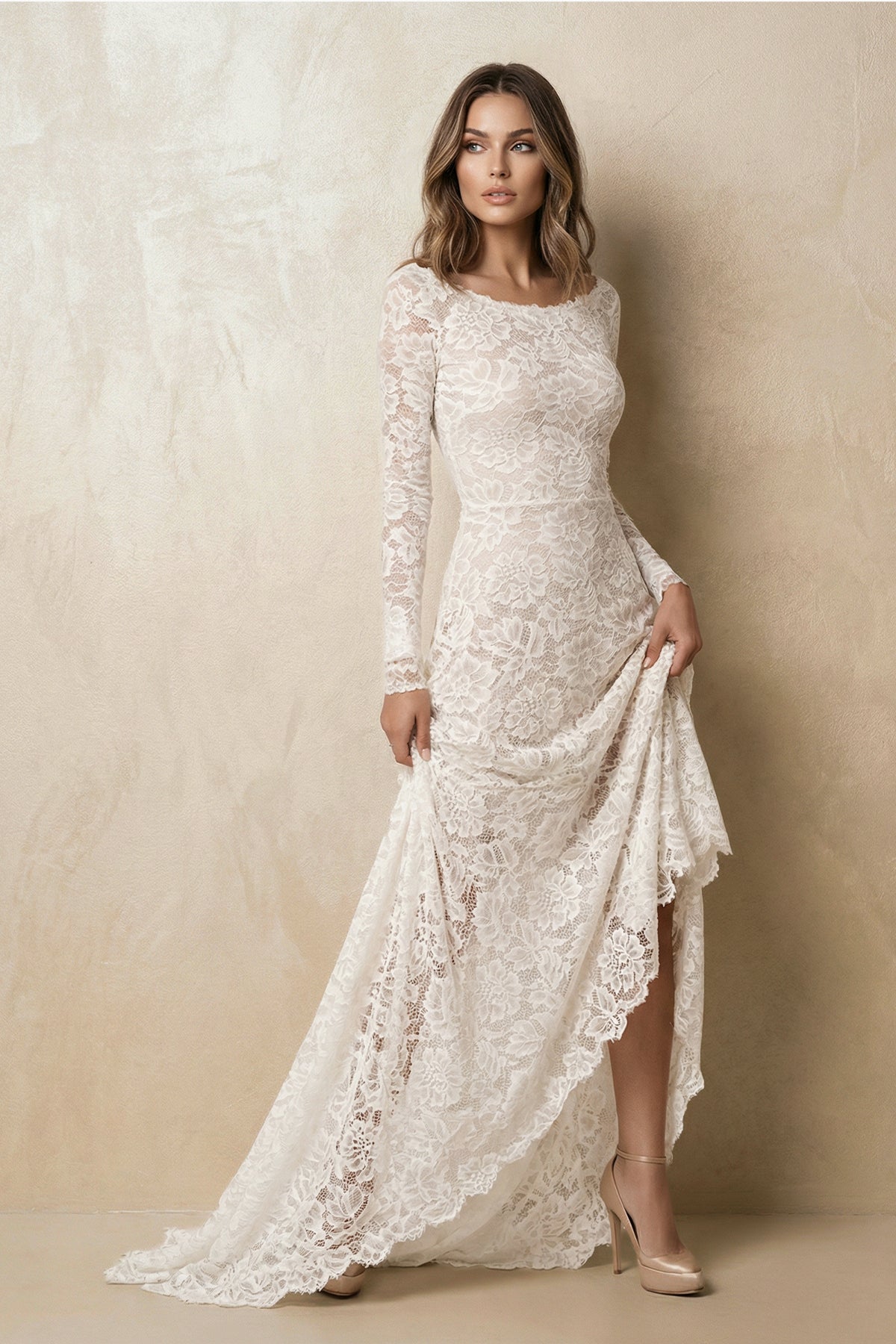 KissProm Vintage Floral Boho Lace Wedding Dress with Sleeves Modest Boat Neck Low-V Back Princess Bridal Gown, White-Nude / 4