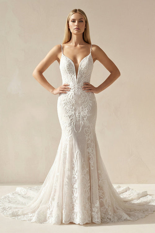 Mermaid Lace Spaghetti Straps Wedding Dress - KissProm Wedding Dresses