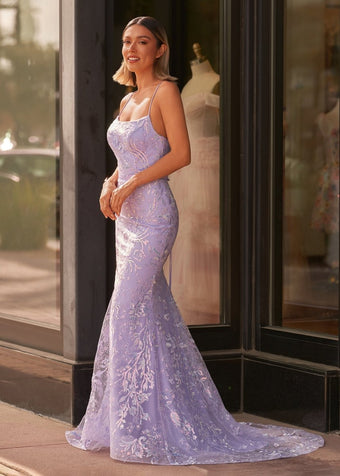 Lilac Mermaid Scoop Neck Prom Dress with Appliques