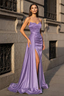 Mermaid Evening Gown Sexy Dress Prom Court Train Sleeveless Strapless Satin with Slit Pure Color - KISSPROM PROM DRESSES