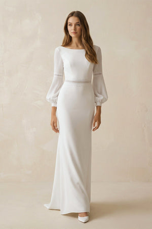 Mermaid Long Sleeves Chiffon Wedding Dress With Appliques in White - KissProm Wedding Dresses