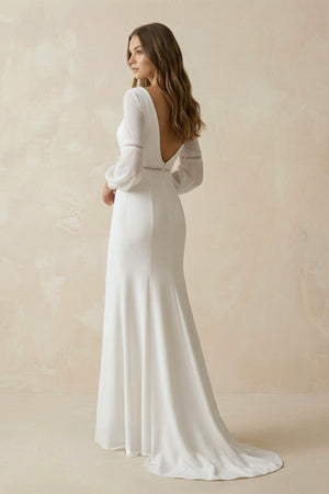 Mermaid Long Sleeves Chiffon Wedding Dress With Appliques in White - KissProm Wedding Dresses