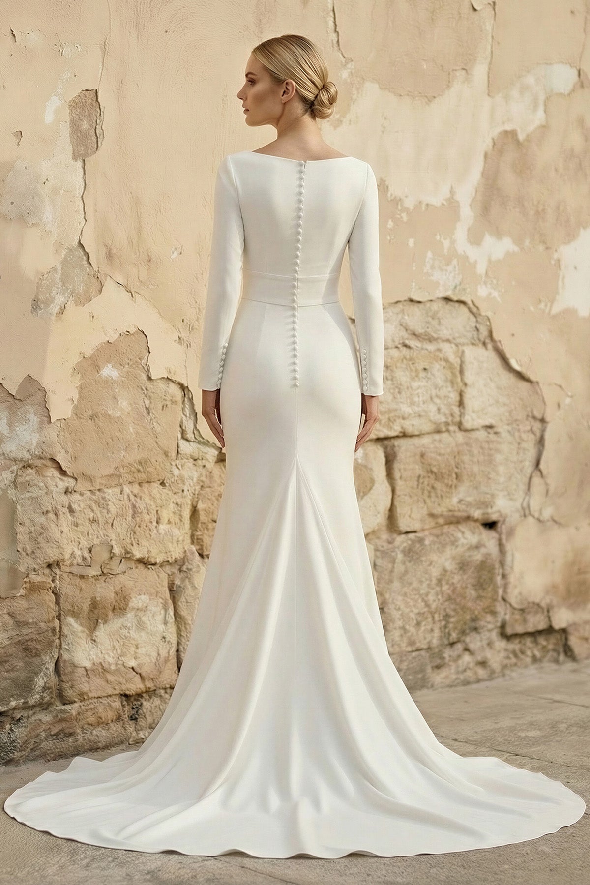 Modest Long Sleeve Satin Wedding Dress With Sweep Train, Diamond White / 10