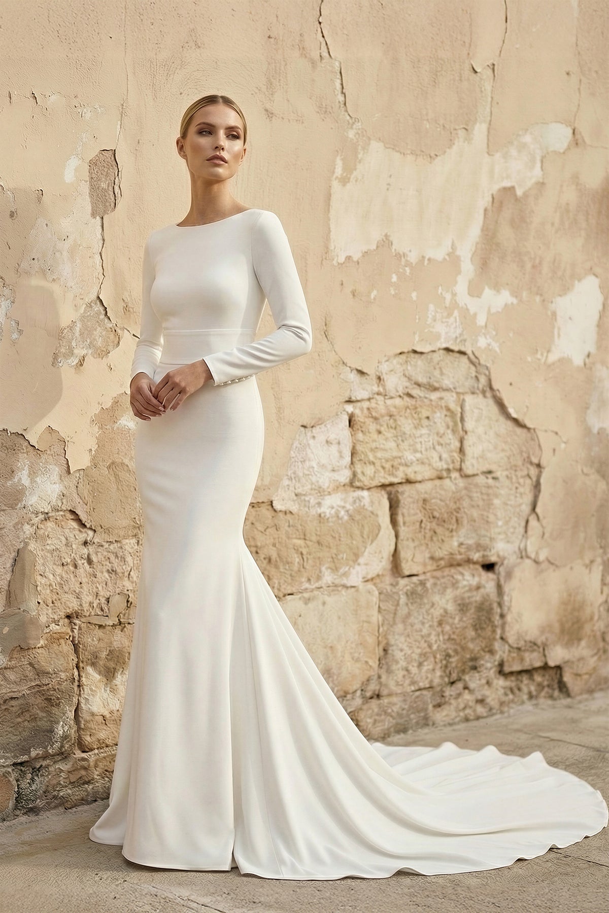 Modest Long Sleeve Satin Wedding Dress With Sweep Train