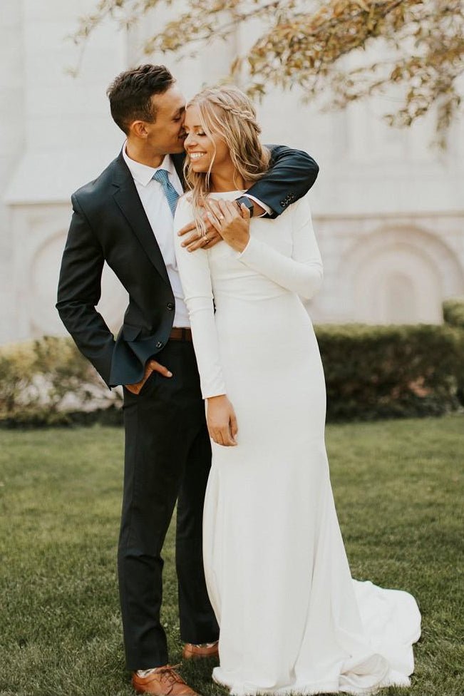 jessamie long sleeve dress Modest Long Sleeve Satin Mermaid Wedding Dress With Sweep Train, Diamond White / 10