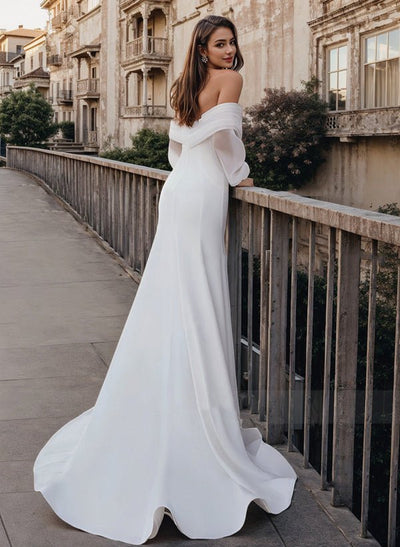 Mermaid Off Shoulder Side Slit Ruched Maxi Long Sequin Wedding Dresses With Detachable Skirt