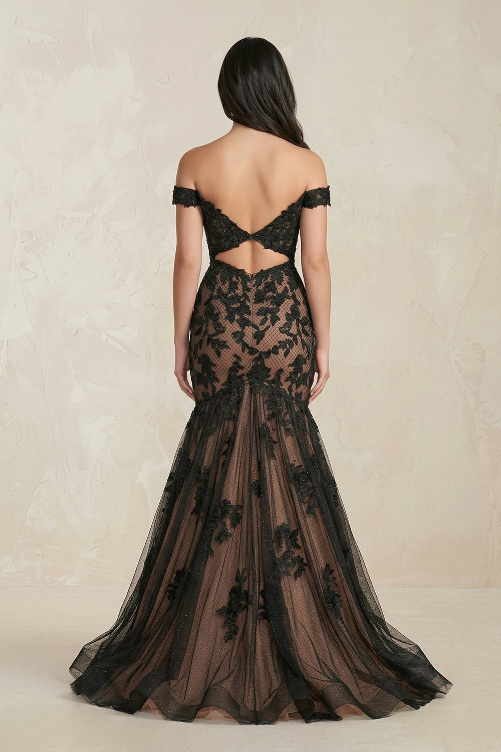 Mermaid Off - the - Shoulder Appliqued Beaded Wedding Dress in Black - KissProm Wedding Dresses