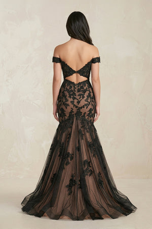Mermaid Off - the - Shoulder Appliqued Beaded Wedding Dress in Black - KissProm Wedding Dresses