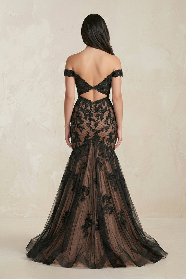 Mermaid Off - the - Shoulder Appliqued Beaded Wedding Dress in Black - KissProm Wedding Dresses