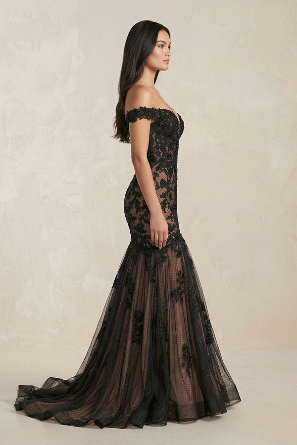 Mermaid Off - the - Shoulder Appliqued Beaded Wedding Dress in Black - KissProm Wedding Dresses