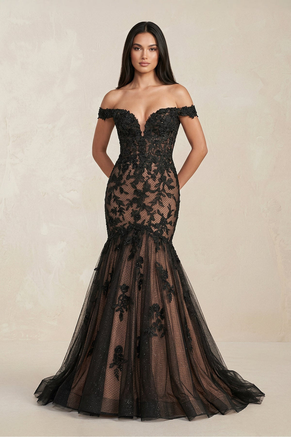 Mermaid Off - the - Shoulder Appliqued Beaded Wedding Dress in Black - KissProm Wedding Dresses