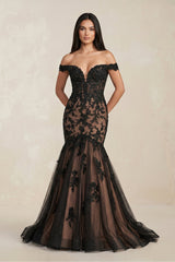 Mermaid Off - the - Shoulder Appliqued Beaded Wedding Dress in Black - KissProm Wedding Dresses