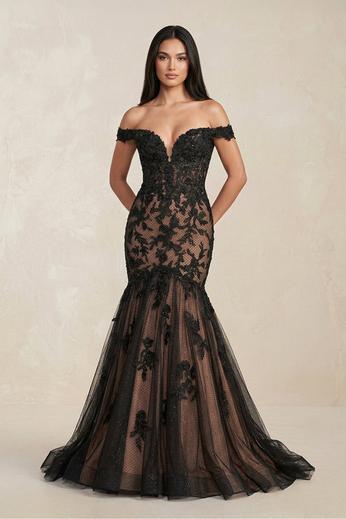 Mermaid Off - the - Shoulder Appliqued Beaded Wedding Dress in Black - KissProm Wedding Dresses