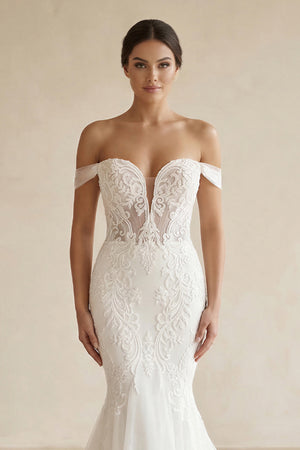White Long Tulle Mermaid Wedding Dress with Lace Appliques – Wedding Dresses by KissProm | Available at KissProm