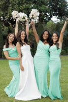 Mermaid Off the Shoulder Champagne Elastic Satin Long Bridesmaid Dresses