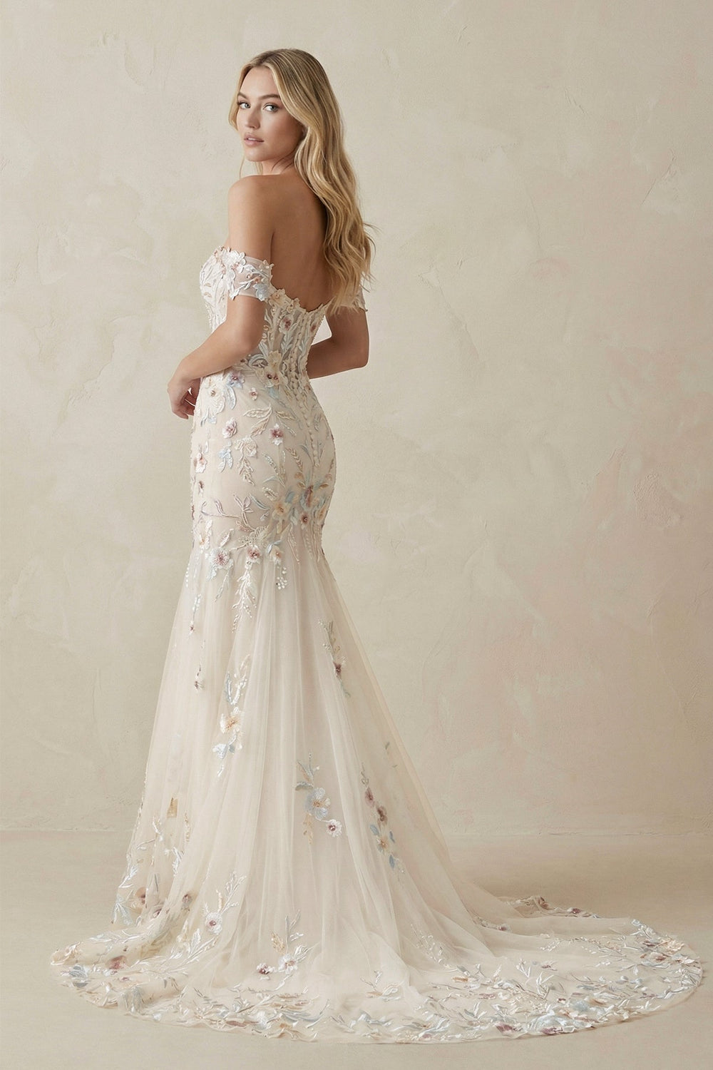 Mermaid Off The Shoulder Floral Tulle Wedding Dress in Champagne - KissProm Wedding Dresses