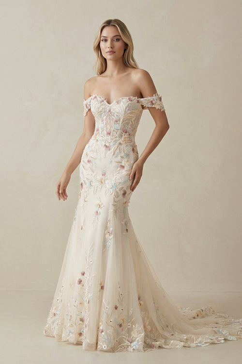 Mermaid Off The Shoulder Floral Tulle Wedding Dress in Champagne - KissProm Wedding Dresses