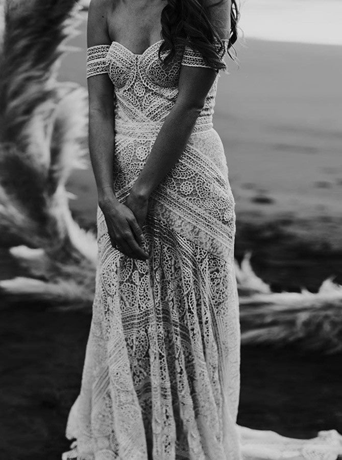 Mermaid Off-the-Shoulder Backless Ivory Lace Beach Wedding Dresses