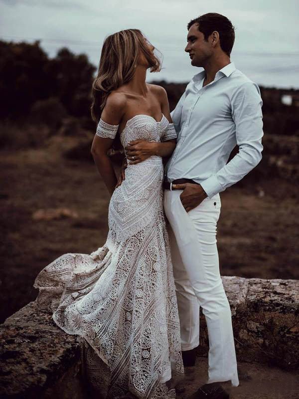 Mermaid Off-the-Shoulder Backless Ivory Lace Beach Wedding Dresses