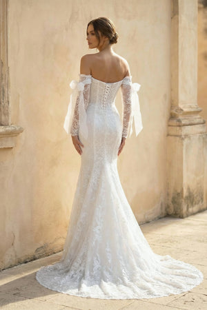 Lace Mermaid Covered-Button Long Sleeve Train Wedding Dress