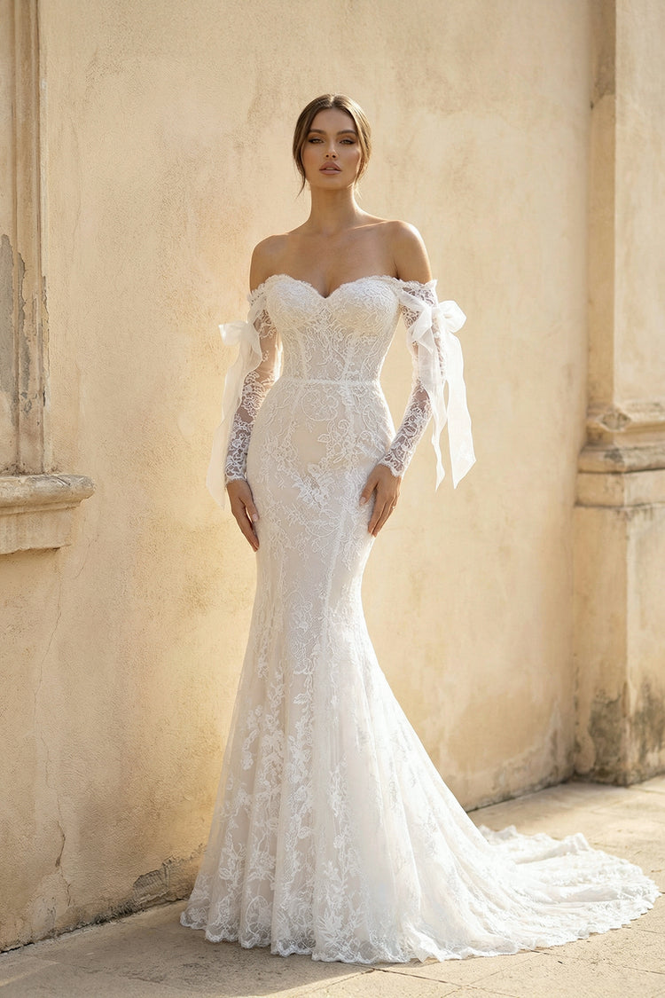 KissProm Lace Mermaid Covered-Button Long Sleeve Train Wedding Dress, White-Nude / 16