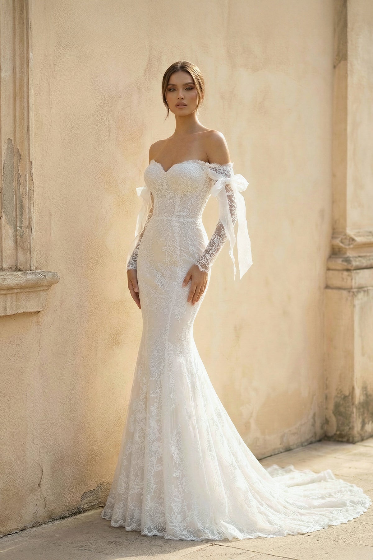 Lace Mermaid Covered-Button Long Sleeve Train Wedding Dress Lace Mermaid Covered-Button Long Sleeve Train Wedding Dress