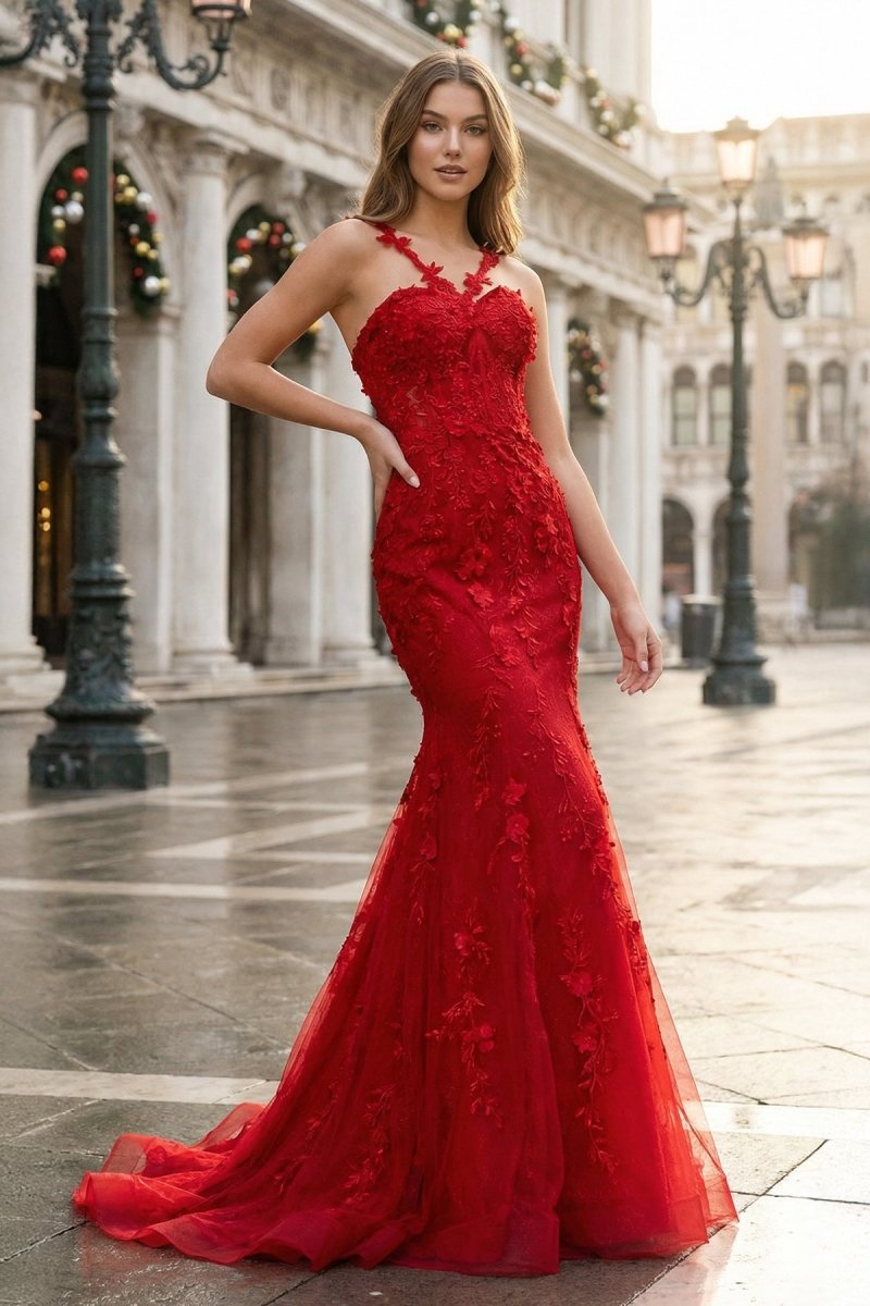 Red Mermaid Halter Lace Mermaid Long Prom Dress - KissProm