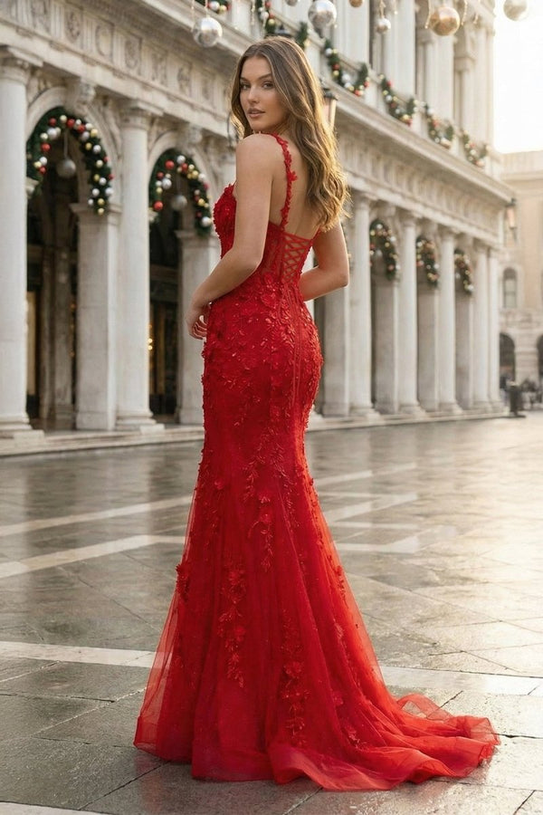red halter dress Red Mermaid Halter Lace Mermaid Long Prom Dress, Red / 8