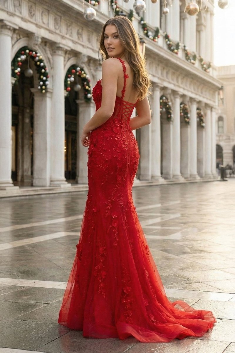Morgan Red Mermaid Halter Neck Lace Mermaid Long Prom Dress
