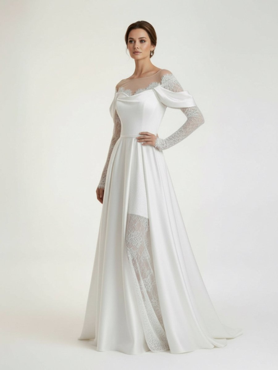 Mermaid Off - the - Shoulder Satin Lace Wedding Dress - KissProm