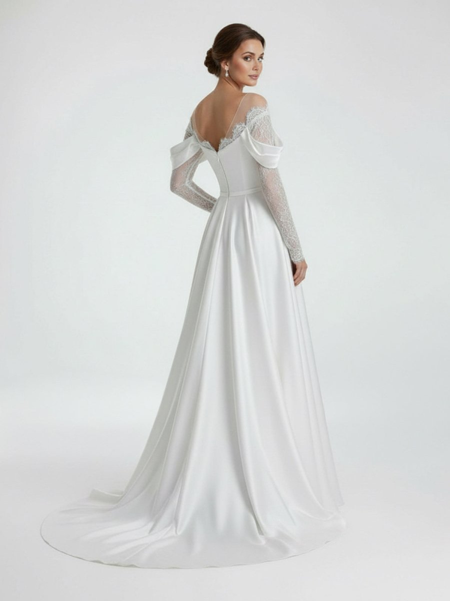 Mermaid Off - the - Shoulder Satin Lace Wedding Dress - KissProm