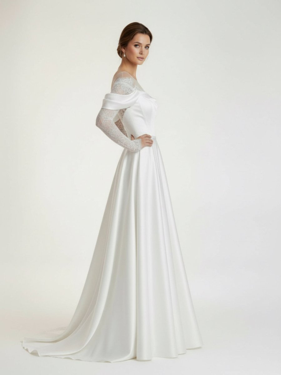 Mermaid Off - the - Shoulder Satin Lace Wedding Dress - KissProm