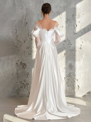 Caelira | Mermaid Off - the - Shoulder Satin Lace Wedding Dress with Slit - KissProm