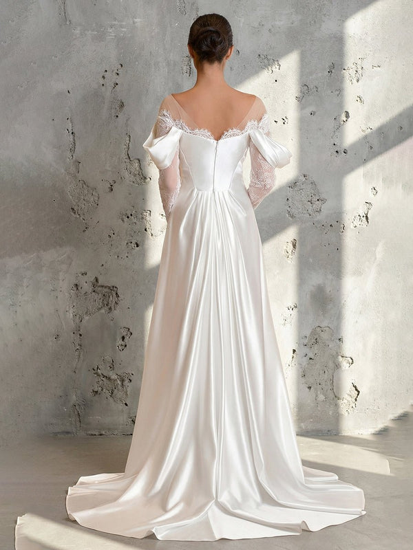 Caelira | Mermaid Off - the - Shoulder Satin Lace Wedding Dress with Slit - KissProm