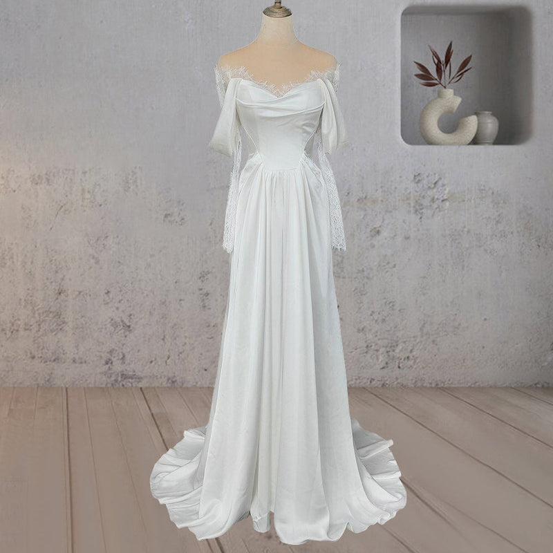 Simple Mermaid Cold Shoulder Soft Satin Lace Long Matron of Honor Dress For Wedding