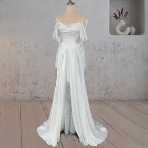 Charming Off Shoulder Long Sleeve Mermaid White Satin Lace Wedding Dresses, WD0206