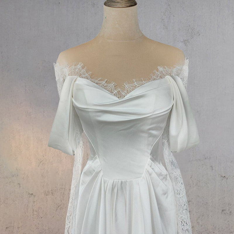 Classy Mermaid Off The Shoulder Satin Lace With Veil Long Wedding Dresses