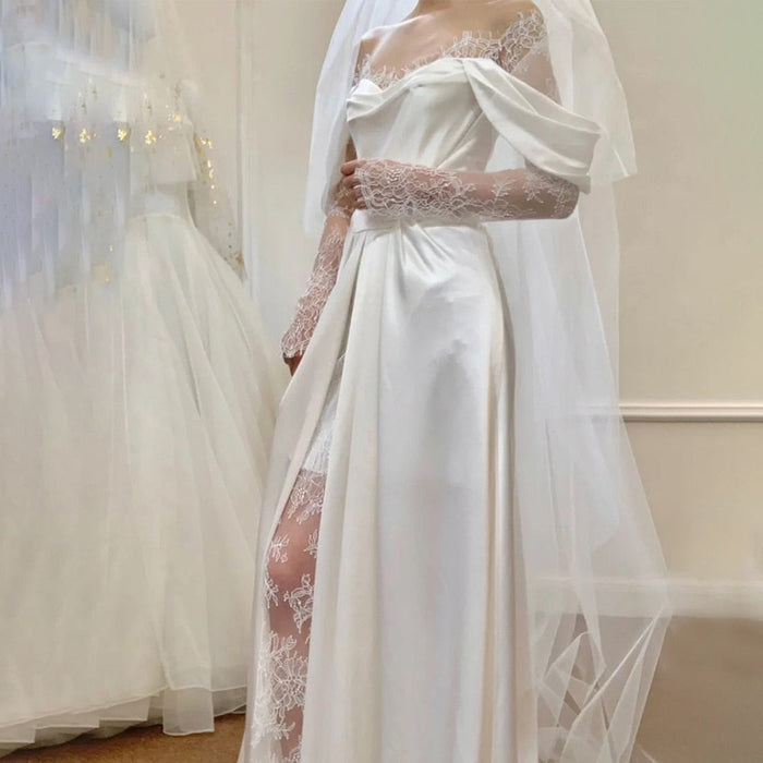 Unique Mermaid Off The Shoulder Pleats Satin Short Sleeves Wedding Dresses Brides Dress