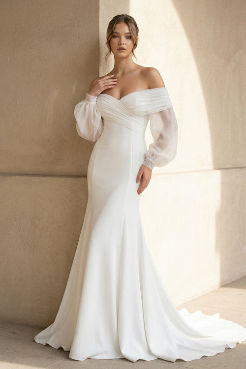 Mermaid Off The Shoulder Satin Wedding Dress in White - KissProm Wedding Dresses