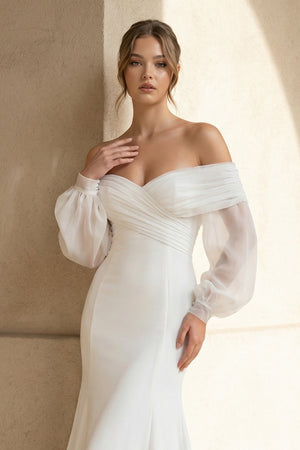 Mermaid Off The Shoulder Satin Wedding Dress in White - KissProm Wedding Dresses