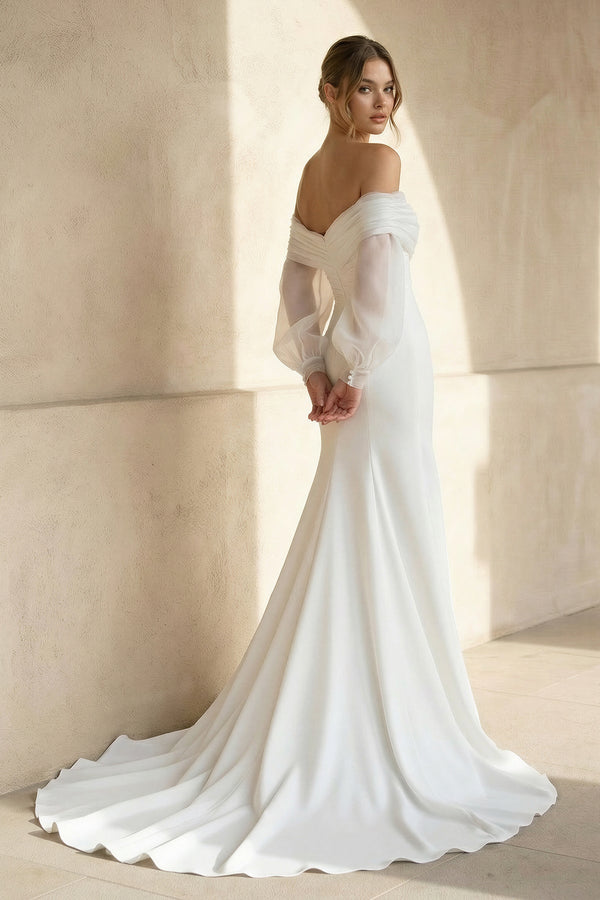 Mermaid Off The Shoulder Satin Wedding Dress in White - KissProm Wedding Dresses