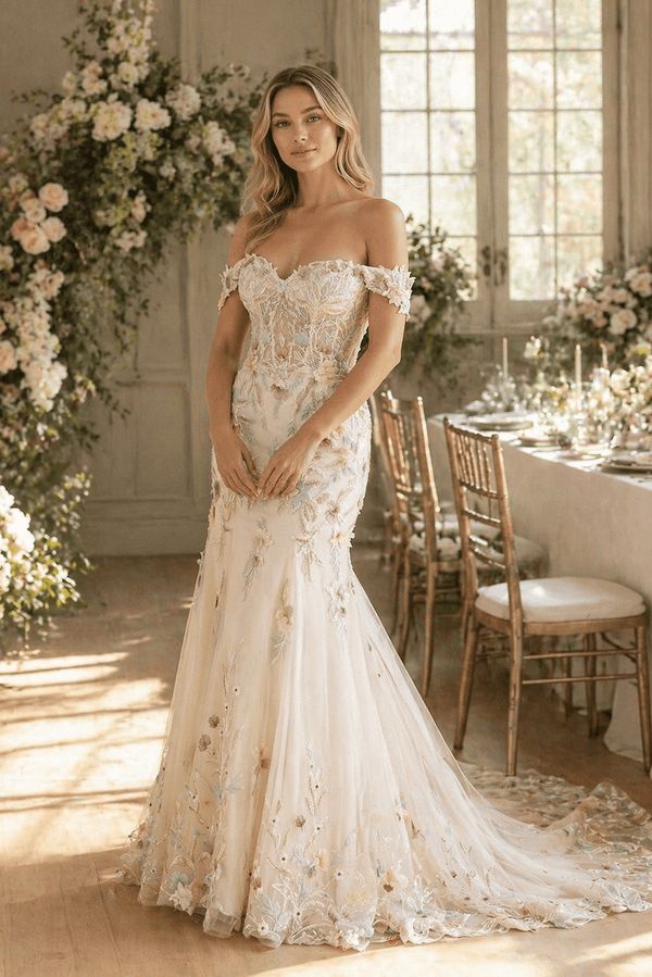 Mermaid Off The Shoulder Tulle Wedding Dress in Champagne - KissProm Wedding Dresses
