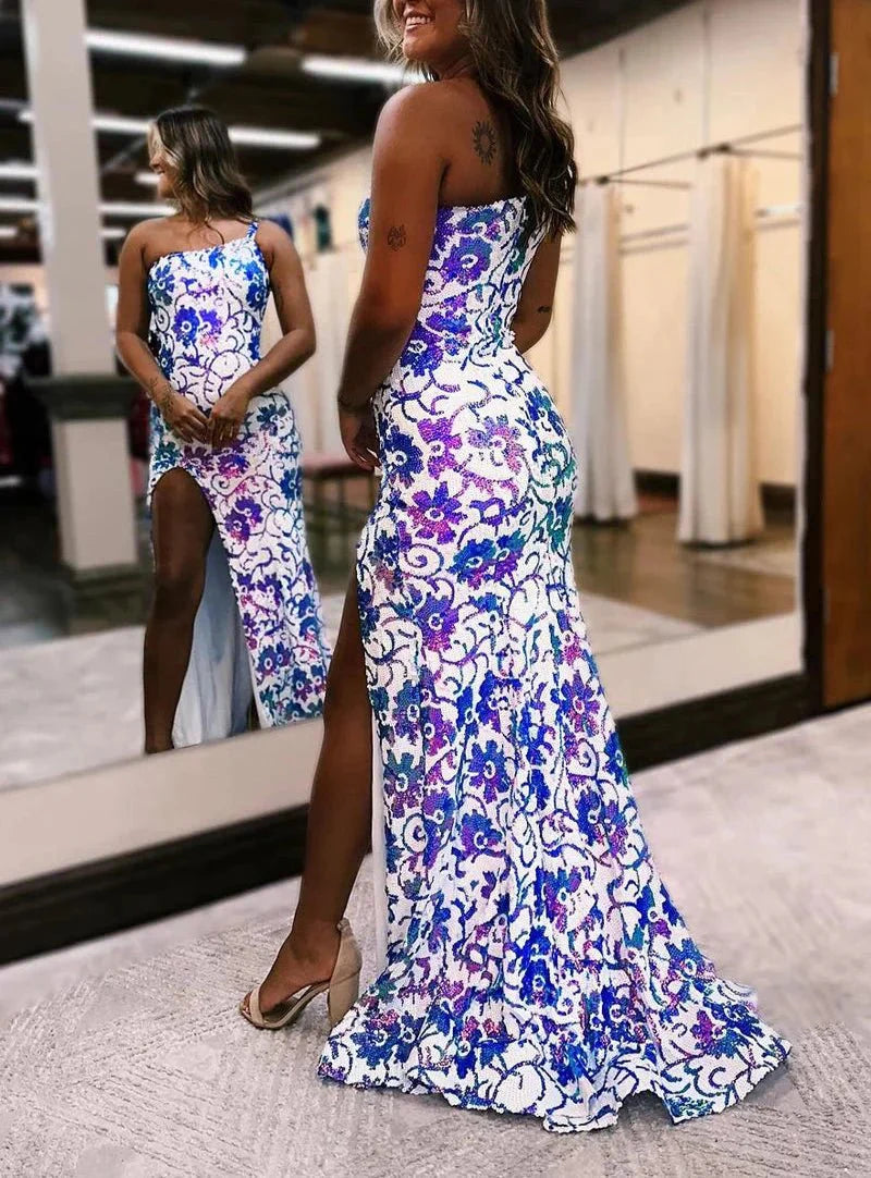 Mermaid One Shoulder Sequin Appliques Long Prom Dresses with Slit Royal Blue / 10 Mermaid One Shoulder Sequin Appliques Long Prom Dresses with Slit Royal Blue / 10