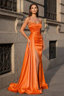 Mermaid Evening Gown Sexy Dress Prom Court Train Sleeveless Strapless Satin with Slit Pure Color - KISSPROM PROM DRESSES