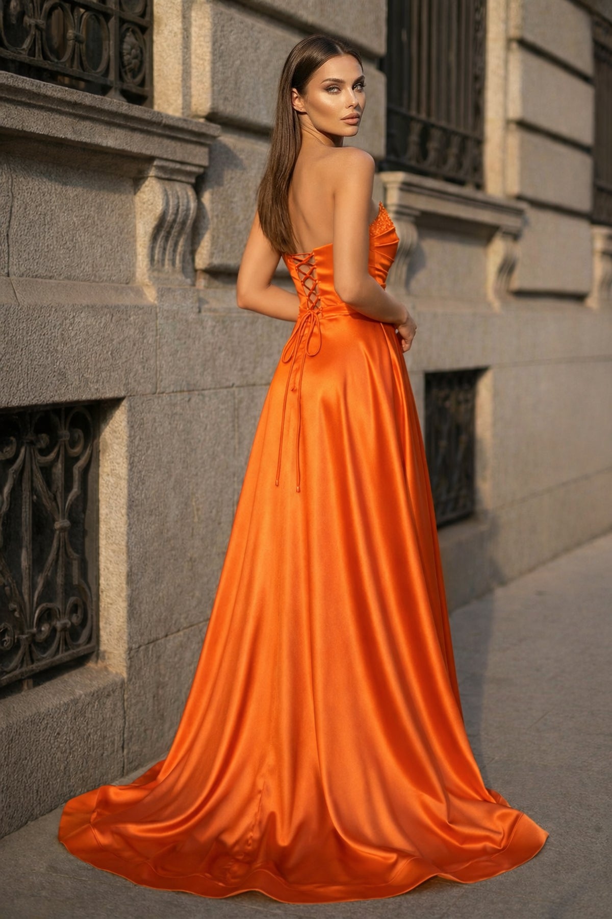 KissProm Mermaid Evening Gown Sexy Dress Prom Court Train Sleeveless Strapless Satin with Slit Pure Color, Orange / 8