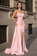 Mermaid Evening Gown Sexy Dress Prom Court Train Sleeveless Strapless Satin with Slit Pure Color - KISSPROM PROM DRESSES