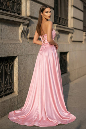 Mermaid Evening Gown Sexy Dress Prom Court Train Sleeveless Strapless Satin with Slit Pure Color - KISSPROM PROM DRESSES