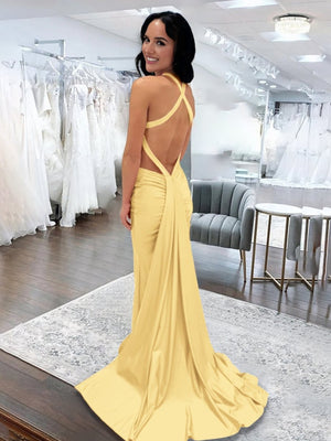Angela |Mermaid Pink V Neck Backless Satin Long Prom Dress - KissProm