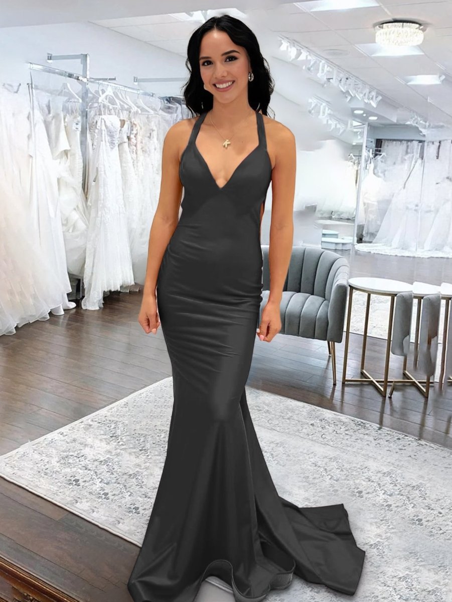 Angela |Mermaid Pink V Neck Backless Satin Long Prom Dress - KissProm